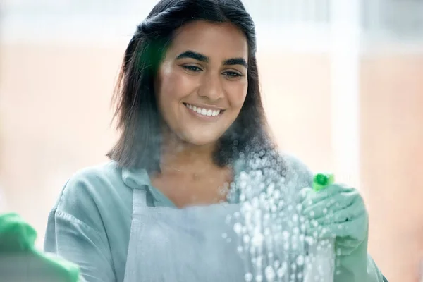 Voglio la mia casa frizzante da cima a fondo. Girato di una giovane donna che pulisce le finestre. — Foto Stock