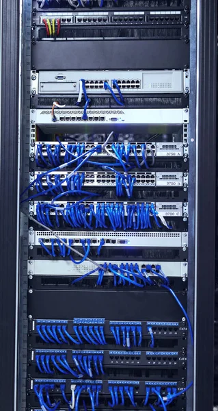 Her yerde mavi kablolar var. Tüm kabloları bir sunucu odasında bulunan bir bilgisayarın içini kesmiş.. — Stok fotoğraf