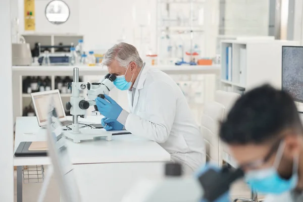 Veamos qué está pasando aquí. Fotografía de un científico maduro usando un microscopio en un laboratorio. — Foto de Stock