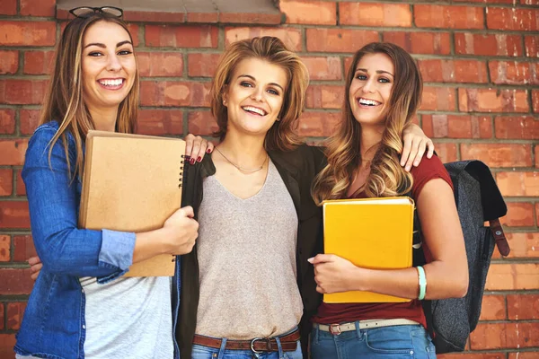 Los años universitarios son los mejores. Retrato de un grupo de estudiantes universitarias sonrientes de pie juntas en el campus. — Foto de Stock