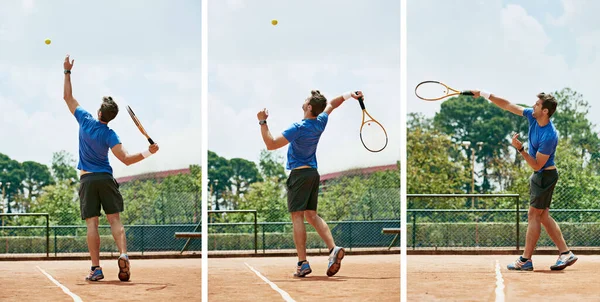 Och det är så det går till. Sammansatt bild av en tennisspelare som serverar. — Stockfoto