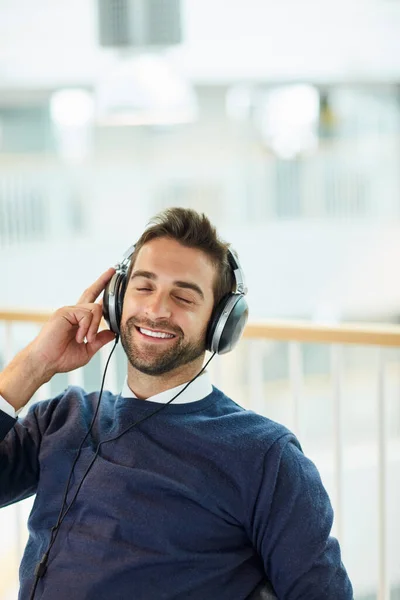 La música me mantiene motivado por el día. Fotografía de un joven empresario escuchando música en una oficina. —  Fotos de Stock