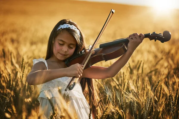 La natura ha la musica per chi ascolta. Girato di una bambina carina che suona il violino mentre si trova in un campo di grano. — Foto Stock