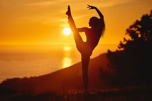 Its about stretching your limits. Full length shot of an unrecognizable and athletic young woman practicing yoga outside at sunset. — Stock Photo, Image