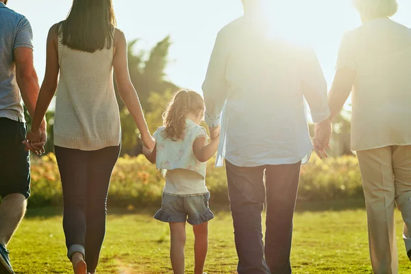 De verenigde familie is een sterke familie. Achteraanzicht van een familie die samen wandelen in het park. — Stockfoto
