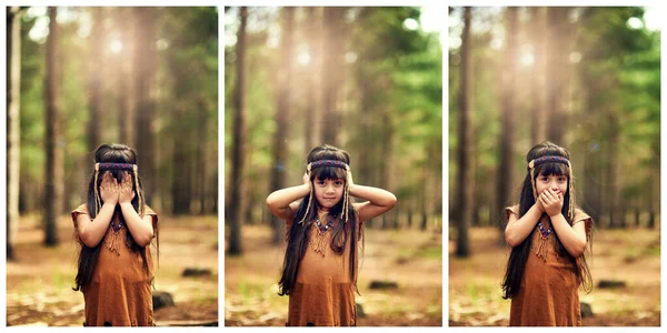No veas el mal. No escuches el mal. No hables mal. Foto compuesta de una niña que se cubre los ojos, las orejas y la boca mientras juega dressup en el bosque. — Foto de Stock