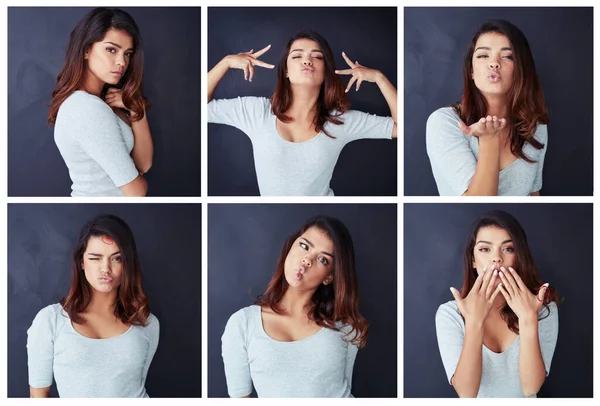 De vele stemmingen van mij. Samengestelde opname van een mooie jonge vrouw poseren in de studio. — Stockfoto