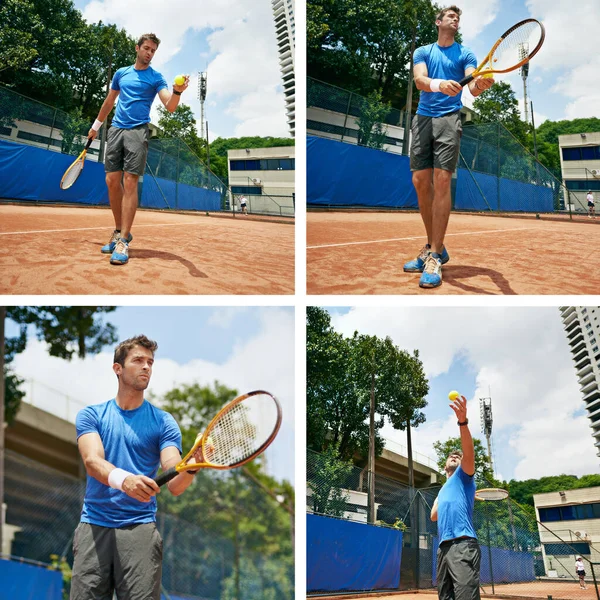 Serverar i sekvens. Sammansatt bild av en man som spelar tennis. — Stockfoto