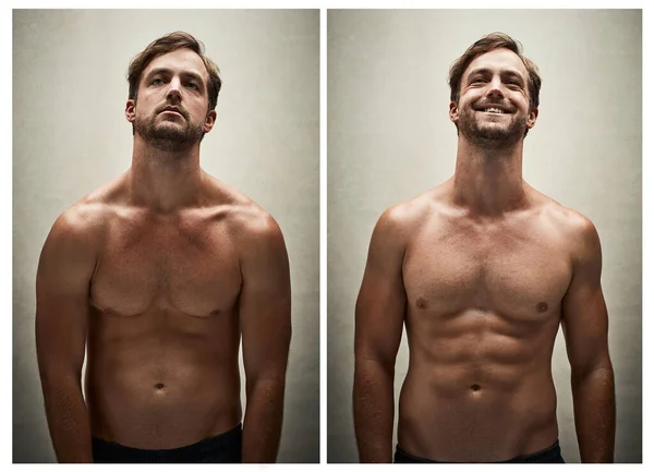 Proměňuje jeho postavu. Před a po ateliéru záběr mladého muže bez trička, jak pracuje na své postavě. — Stock fotografie