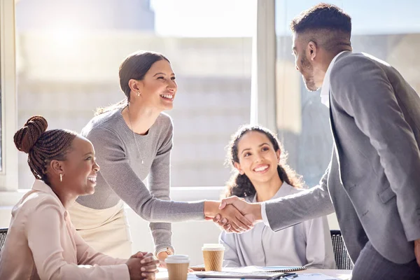 Esta oportunidad es una que hemos estado anticipando. Disparo de dos empresarios estrechando la mano durante una reunión en una oficina. — Foto de Stock