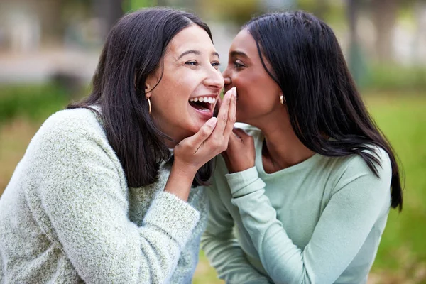 Personne n'apporte le drôle comme un copain d'étude. Prise de vue de deux jeunes femmes racontant des secrets à l'extérieur à l'université. — Photo