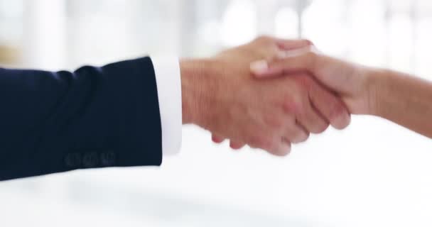 Es un trato. Imágenes de vídeo de 4k de dos empresarios irreconocibles estrechando la mano en su oficina. — Vídeos de Stock