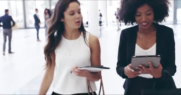 Whats on our schedule today. 4k video footage of two confident businesswomen walking together with digital tablets on their hands at work. — Vídeos de Stock