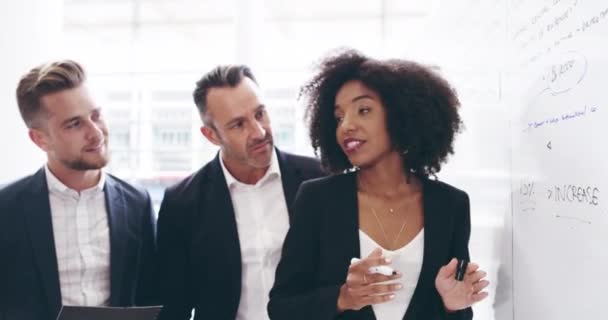 Any thoughts and questions. 4k video footage of a group of businesspeople working on a whiteboard in their workplace. — Stok video