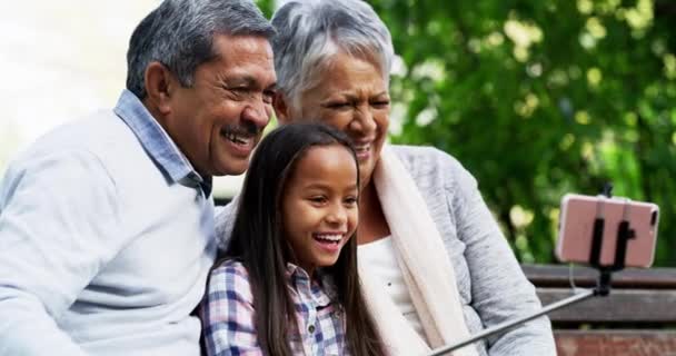 Making some memories with the youngster. 4k video footage of a little girl taking selfies with her grandparents at the park. — Wideo stockowe