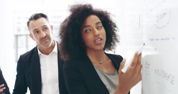 We have to keep track of our movements. 4k video footage of a group of businesspeople working on a whiteboard in their workplace. — Vídeos de Stock