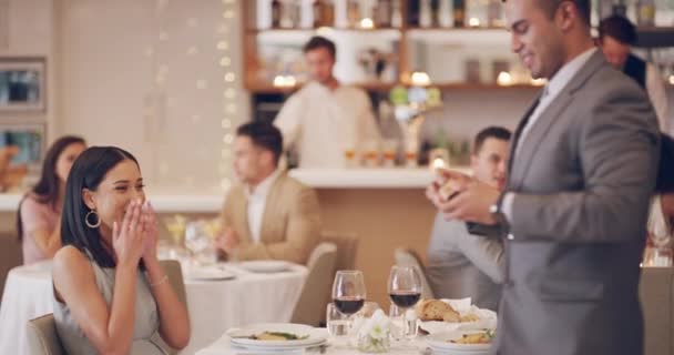 Theres no one for me but you. 4k video footage of a woman looking surprised while her boyfriend proposes at a restaurant. — Stock videók