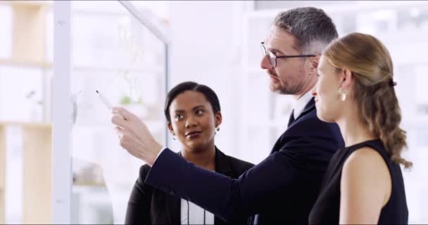 Deja la estrategia a los expertos. Imágenes de video de 4k de tres empresarios bien vestidos trabajando en un tablero de vidrio en su oficina corporativa. — Vídeos de Stock