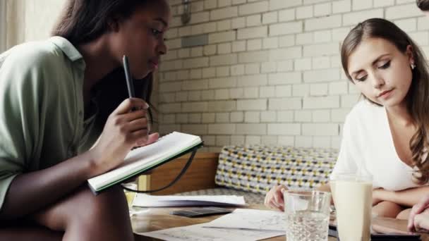 Eine Gruppe von Geschäftsleuten spricht bei einem Treffen in einem Café über Papierkram. Gruppe von Architekten im Gespräch über Dokumente, Brainstorming während eines Treffens in einem Café. Kollegen arbeiten bei Treffen zusammen — Stockvideo