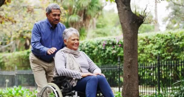 Onze reis gaat voor altijd samen verder. 4k video beelden van een volwassen man duwen zijn vrouw in een rolstoel in het park. — Stockvideo