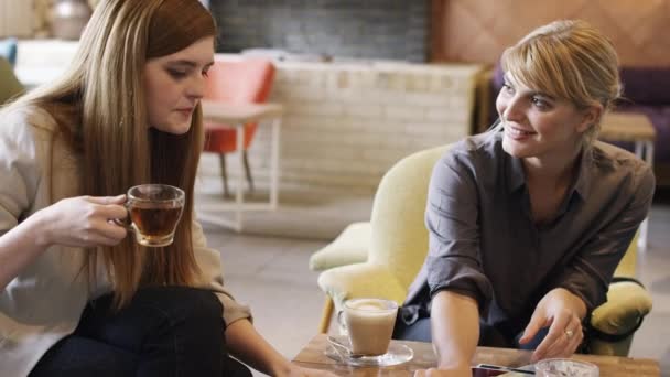 Two businesswomen drinking tea and coffee during a meeting, brainstorming and looking at photos in a cafe. Businesswomen collaborate during a meeting and talk while looking at photos and drinking tea — Video Stock