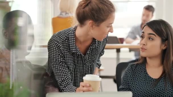 A group of businesspeople brainstorming during a meeting. A young businesswoman collaborating with her diverse colleagues holding a cup of coffee. Professional coworkers talking in a meeting video — Video