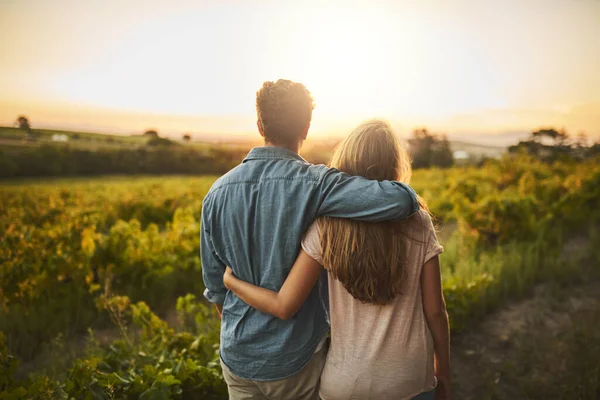 Olha o que conseguimos. Tiro de um jovem casal caminhando através de suas colheitas, segurando um ao outro e olhando para o horizonte. — Fotografia de Stock