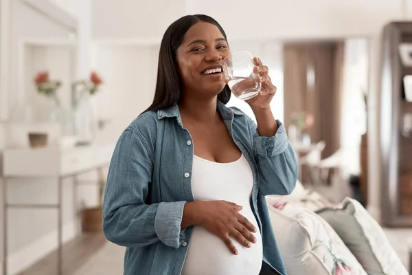 Temos de nos manter hidratados para termos boa saúde. Retrato de uma mulher grávida bebendo um copo de água em casa. — Fotografia de Stock