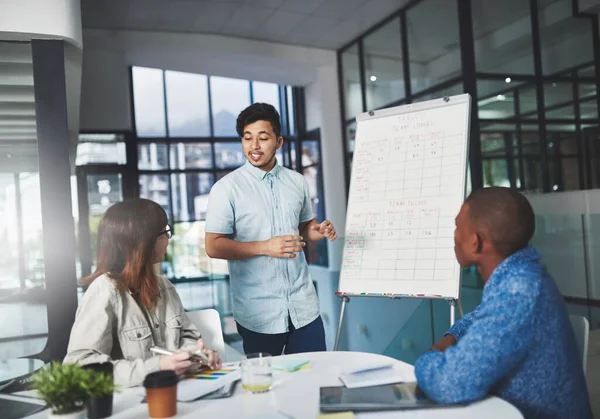 Laat me je geruststellen. Schot van een jonge zakenman die een whiteboard gebruikt om een presentatie te geven aan zijn collega 's in een directiekamer. — Stockfoto