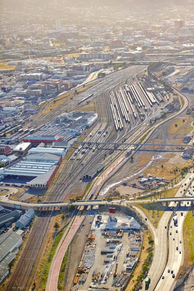 Urban transportation hub. Aerial shot of a busy rail transportation hub.