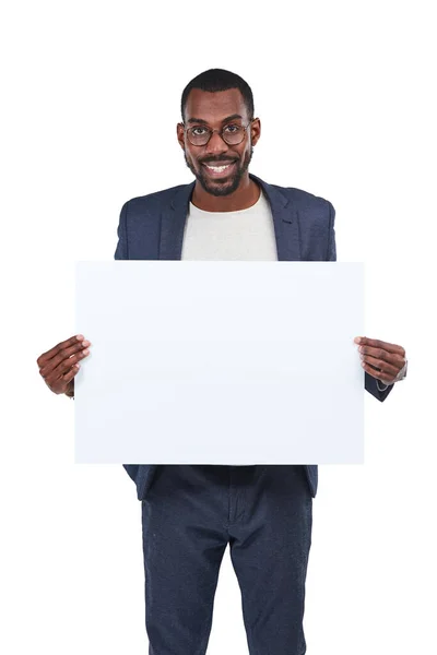 Marca profissional para negócios. Estúdio de um jovem empresário segurando um cartaz em branco contra um fundo branco. — Fotografia de Stock