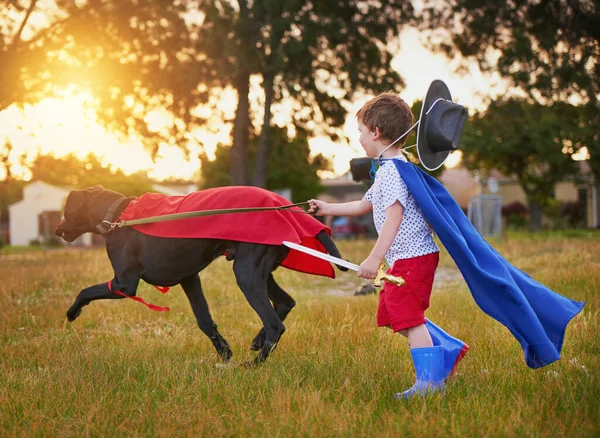Ready to fight crime. Shot of a little boy and his dog wearing capes while playing outside. — Stock Photo, Image