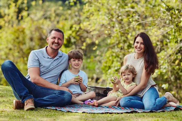 Il tempo in famiglia e 'il momento migliore. Ritratto di una famiglia felice che si unisce all'aria aperta. — Foto Stock