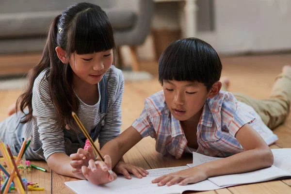 Ci aiutiamo a vicenda con i compiti. Girato di un ragazzo allegro e una ragazza che fanno i compiti insieme mentre si trovano sul pavimento a casa durante il giorno. — Foto Stock