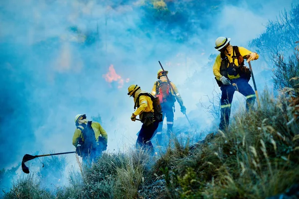 De vlammen bestrijden. Schot van brandweerlieden die een wild vuur bestrijden. — Stockfoto