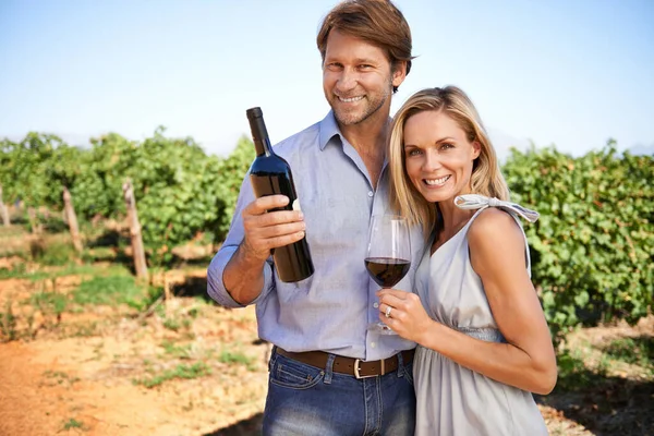 Насолоджуйтесь день дегустації вина серед виноградників. Портрет пари, що насолоджується дегустацією вина у винограднику . — стокове фото