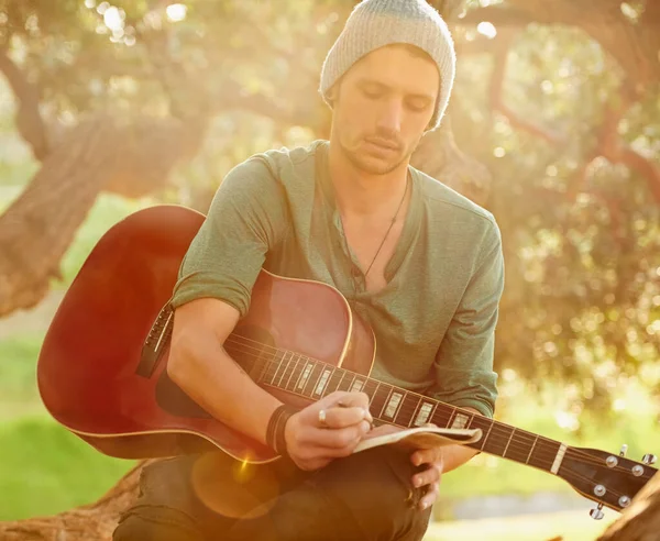 Testi ispirati alla natura. Girato di un bel giovanotto seduto in un parco con una canzone di chitarra su un blocco note. — Foto Stock