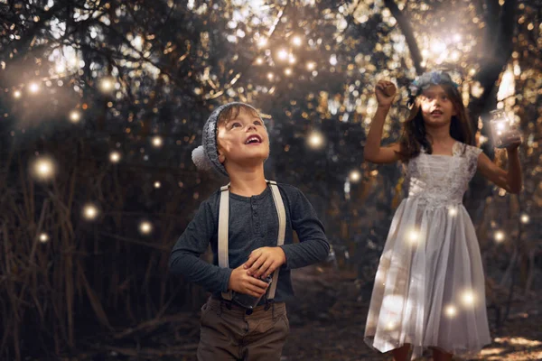 The fireflies have come out to play. Shot of two little siblings catching fireflies in jars outside. — Stock Photo, Image