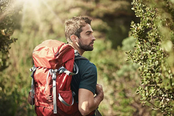 Se dirige a la naturaleza. Fotografía de un joven caminando por un sendero natural. —  Fotos de Stock