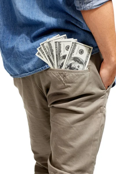 Lots to spend. Cropped image of a wad of cash sticking out of a mans pocket. — Stock Photo, Image