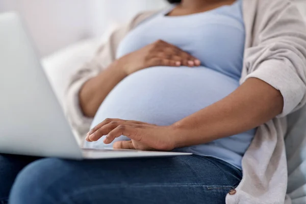 Začal jsem tento blog v naději, že pomohu ženám přes jejich cestu. Vystřižený záběr těhotné ženy pomocí svého notebooku, zatímco sedí doma. — Stock fotografie