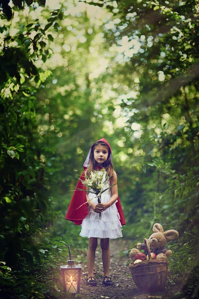 J'ai cueilli ces jolies fleurs le long du chemin. Tourné d'une petite fille vêtue d'une cape rouge tenant des fleurs dans les bois. — Photo