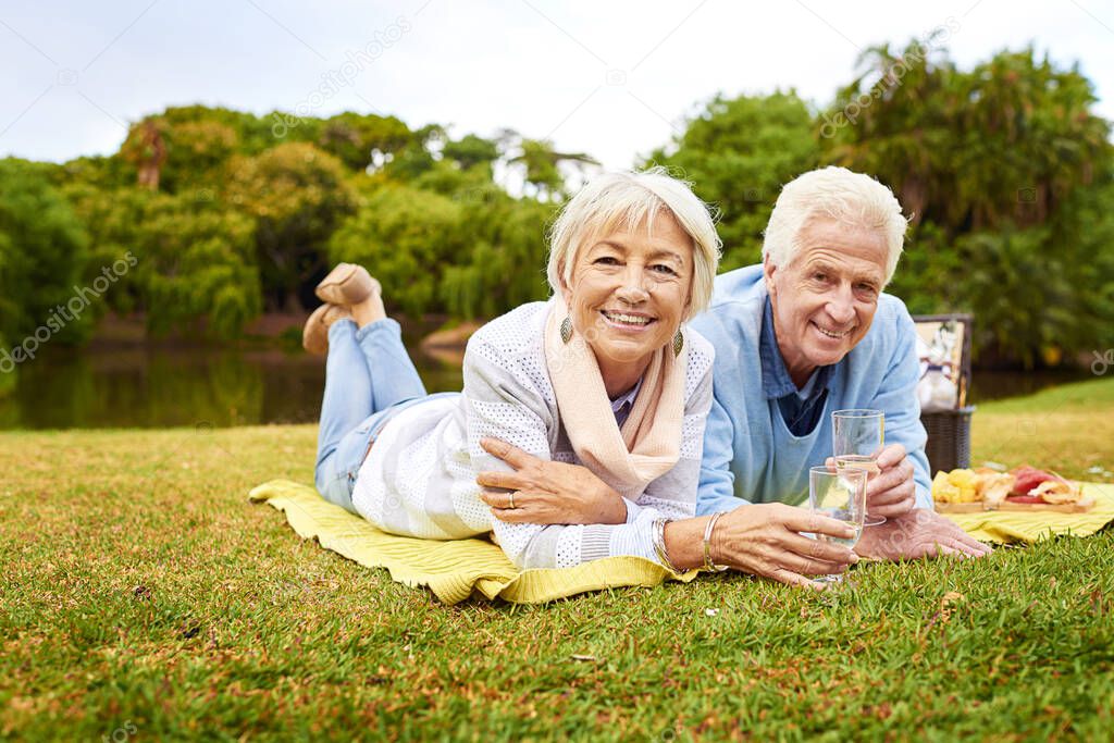 Well always share a zest for life. Portrait of a senior couple enjoying a picnic in a park.