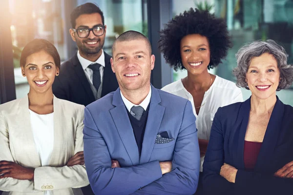 Het zijn vooraanstaande experts die een machtig team vormen. Portret van een team van corporates die samen staan in een kantoor. — Stockfoto