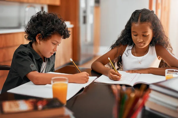 Incentive seu filho a pensar de forma independente. Tiro de uma irmã e irmão fazendo seus trabalhos de casa juntos. — Fotografia de Stock
