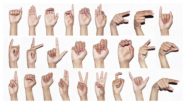 Нехай твої руки розмовляють. Композитний знімок рук, що підписують алфавіт . — стокове фото