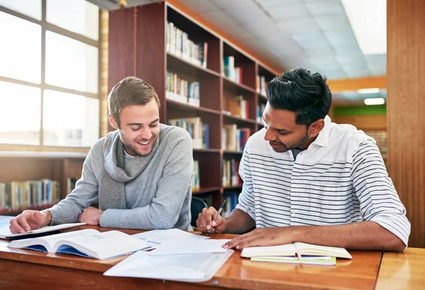 Vamos comparar notas. Tiro de dois estudantes universitários que trabalham juntos na biblioteca do campus. — Fotografia de Stock
