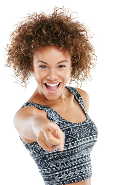 Du är ansvarig för din egen lycka. Studio skott av en lycklig kvinna poserar mot en vit bakgrund. — Stockfoto