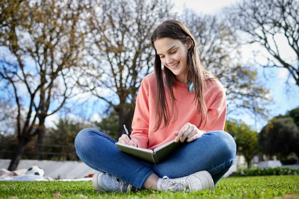 Ho gia 'qualche idea per il mio incarico. Girato di uno studente che scrive nel suo taccuino mentre è seduto fuori. — Foto Stock