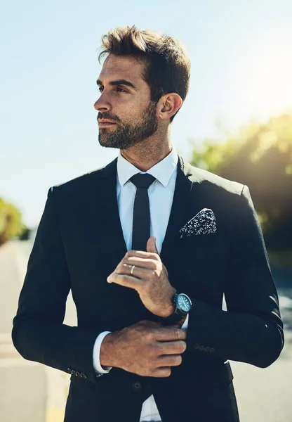 The definition of the perfect businessman. Cropped shot of a handsome young corporate businessman in a public park. — Stock Photo, Image